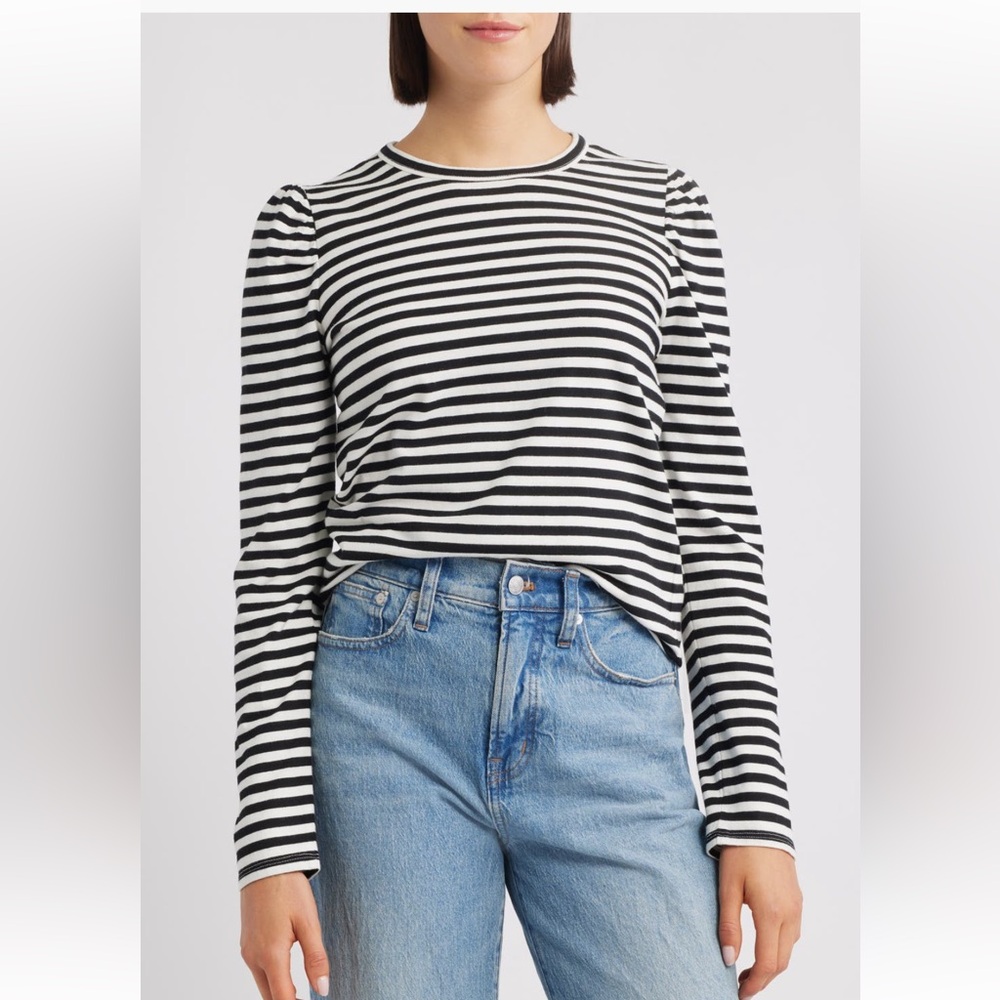 Madewell Long Sleeve Cotton White and Black Stripe Knit Cotton Top